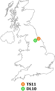 map showing distance between TS11 and DL10