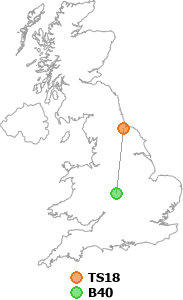 map showing distance between TS18 and B40