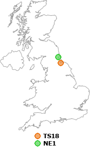 map showing distance between TS18 and NE1