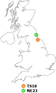 map showing distance between TS18 and NE23