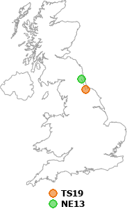 map showing distance between TS19 and NE13