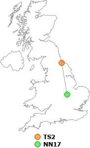 map showing distance between TS2 and NN17