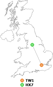 map showing distance between TW1 and HX7
