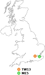 map showing distance between TW13 and ME5