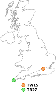 map showing distance between TW15 and TR27