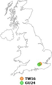 map showing distance between TW16 and GU24