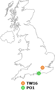 map showing distance between TW16 and PO1