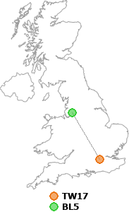 map showing distance between TW17 and BL5