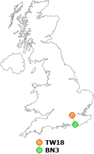 map showing distance between TW18 and BN3