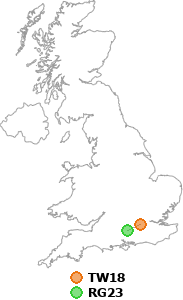 map showing distance between TW18 and RG23
