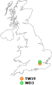 map showing distance between TW19 and WD3