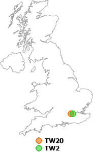 map showing distance between TW20 and TW2