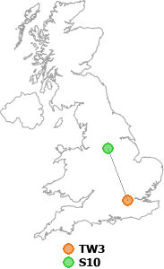 map showing distance between TW3 and S10