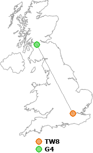 map showing distance between TW8 and G4