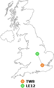 map showing distance between TW8 and LE12