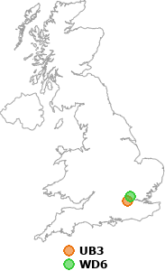 map showing distance between UB3 and WD6