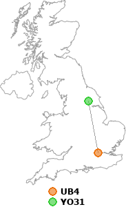 map showing distance between UB4 and YO31