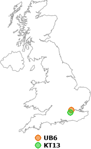 map showing distance between UB6 and KT13