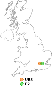 map showing distance between UB8 and E2