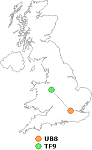 map showing distance between UB8 and TF9
