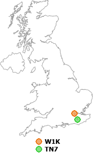 map showing distance between W1K and TN7