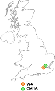 map showing distance between W4 and CM16