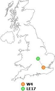 map showing distance between W4 and LE17