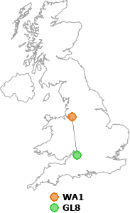 map showing distance between WA1 and GL8