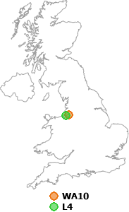map showing distance between WA10 and L4