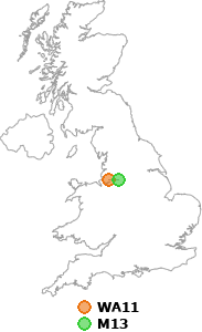 map showing distance between WA11 and M13