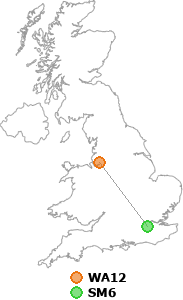 map showing distance between WA12 and SM6