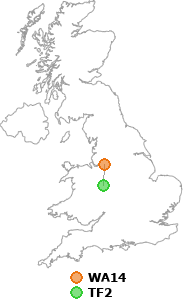 map showing distance between WA14 and TF2