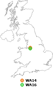 map showing distance between WA14 and WA16