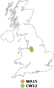 map showing distance between WA15 and CW12