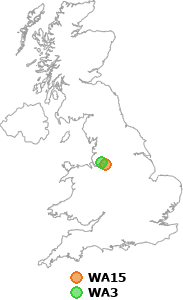 map showing distance between WA15 and WA3