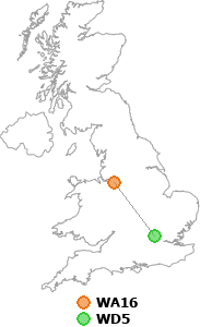 map showing distance between WA16 and WD5