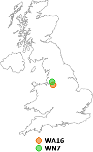 map showing distance between WA16 and WN7