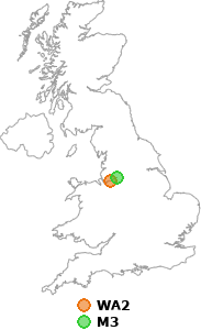 map showing distance between WA2 and M3