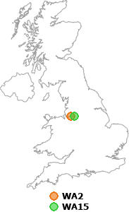 map showing distance between WA2 and WA15