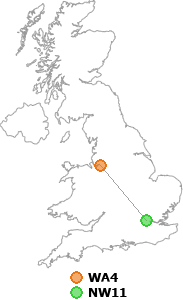map showing distance between WA4 and NW11