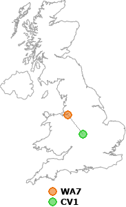 map showing distance between WA7 and CV1