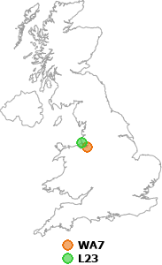 map showing distance between WA7 and L23