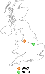 map showing distance between WA7 and NG31