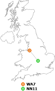 map showing distance between WA7 and NN11