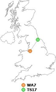 map showing distance between WA7 and TS17