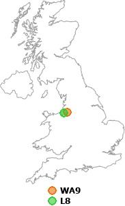 map showing distance between WA9 and L8
