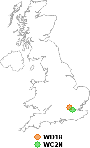 map showing distance between WD18 and WC2N