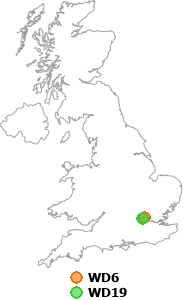 map showing distance between WD6 and WD19