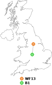map showing distance between WF13 and B1