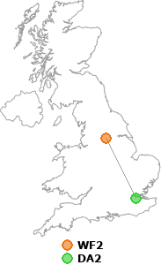 map showing distance between WF2 and DA2